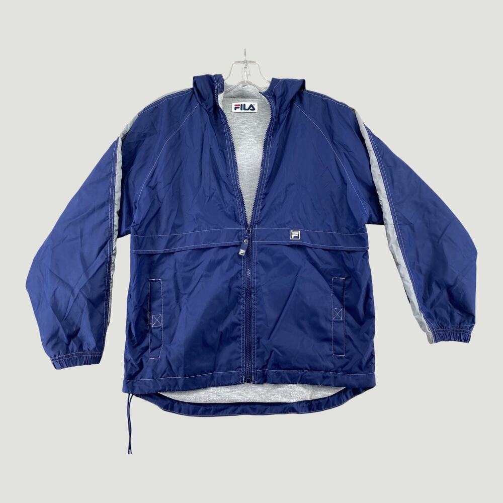 Vintage FILA Blue Hooded Windbreaker Jacket Zip Front 90s Sport Streetwear M